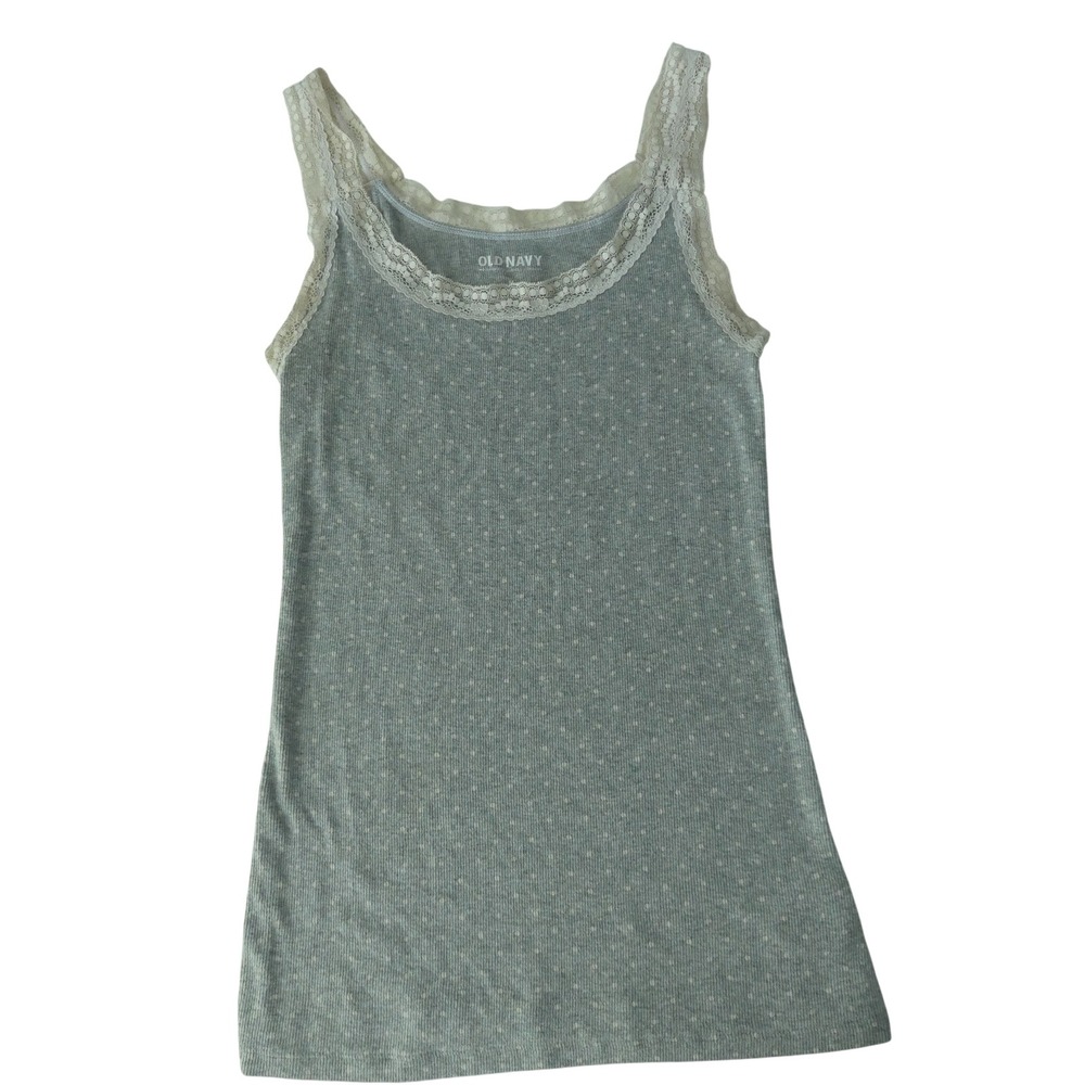 Old Navy Womens Polka Dot Lace Trim Ribbed Fitted Tank Top Medium Gray